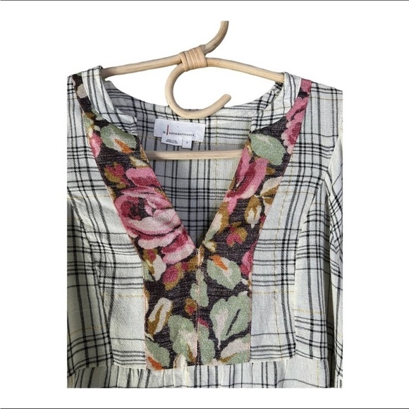 Anthro Darlene Metallic Floral Plaid Peasant Split Neck Linen Blend Tunic NWOT - Picture 6 of 14